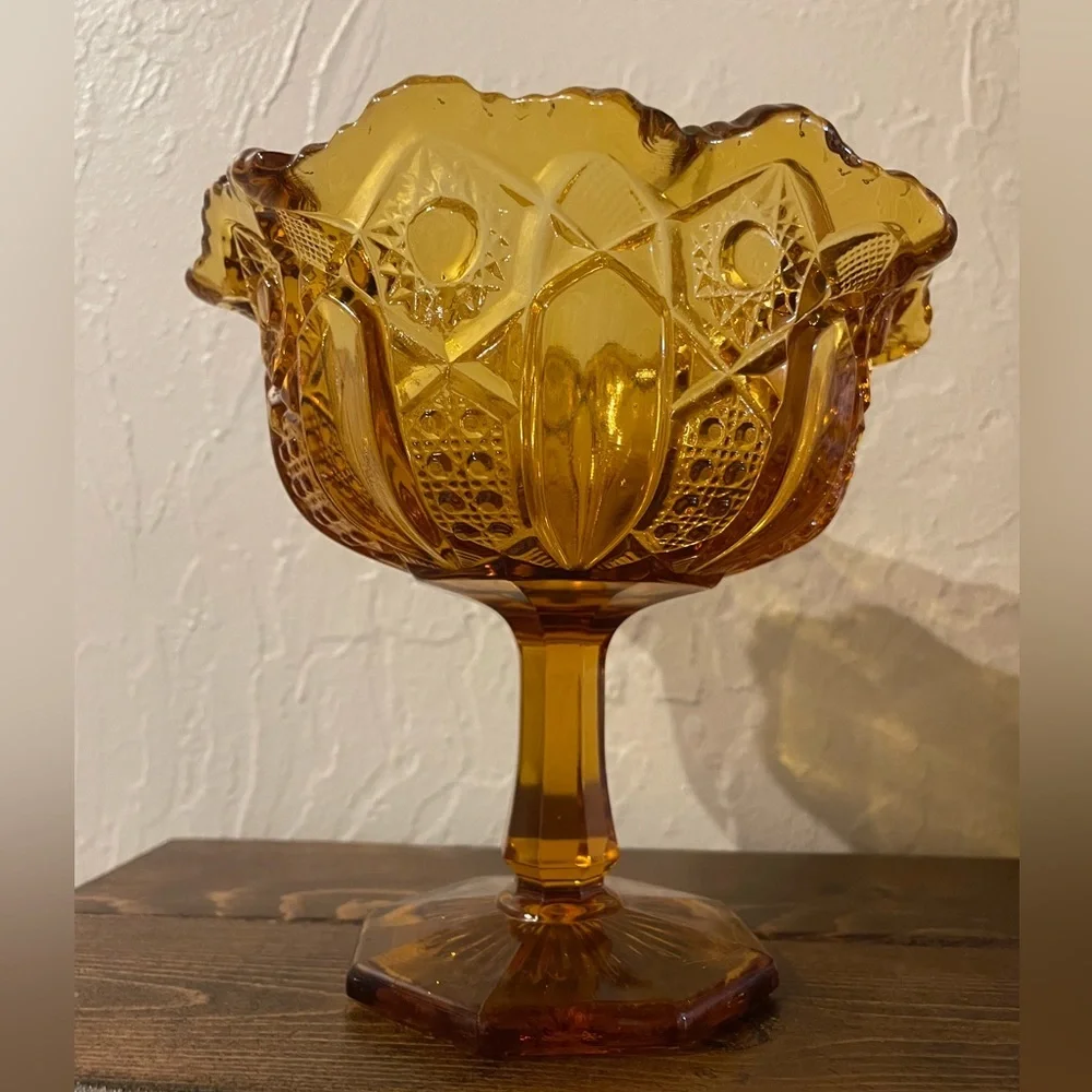 LE Smith Compote Candy Dish Amber Glass Vintage Heritage Hobstar Cane‎ & Arch